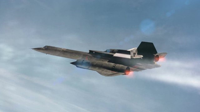 Gorgeous animation of Lockheed SR-71 Blackbird in profile supersonic military airplane with fire flashes behind and flying high in the cloudy sky. The elements of this image furnished by NASA.