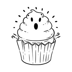 Halloween coloring book page scary cupcake with cream. Cream on a cupcake in the form of a frightened cast. Antistress for adults and children