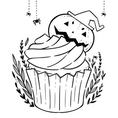 Halloween coloring book page with cupcake and halloween pumpkin. Cartoon halloween pumpkin on the puncake. Antistress for adults and children, print for cups