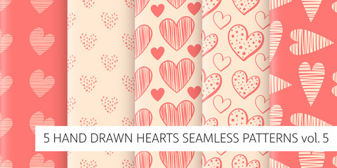 Set of 5 seamless patterns with hand drawn hearts, vector illustration for Valentine's Day greeting cards, wedding invitation, banners, backgrounds, textiles design.