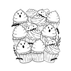 Rectangle shape pattern with halloween cupcakes for coloring book. Holiday antistress for adults and children. Pattern for Holiday party