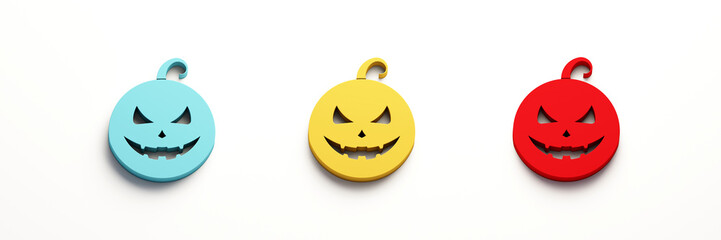 Set of three Halloween Pumpkins scary face isolated on white background. 3D render illustration. light blue yellow red colors