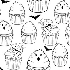 Halloween coloring book pattern with scary cupcakes, cream, bat, pumpkin. Holiday antistress for adults and children. Pattern for Holiday party