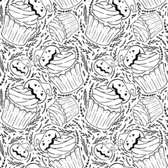 Halloween coloring book pattern with scary cupcakes, cream, bat, pumpkin. Holiday antistress for adults and children. Pattern for Holiday party