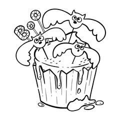 Halloween cupcake with bats, webs and lettering word BOO. Coloring page for adults and children. Decorative cupcake for holidays