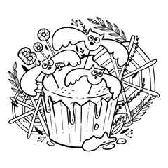 Halloween cupcake with bats, webs and lettering word BOO. Coloring page for adults and children. Decorative cupcake for holidays