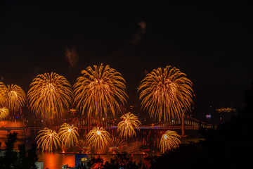 Naklejka premium Colorful firework festival at Gwangan Bridge in Gwangalli beach, Busan South Korea.