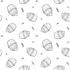 Halloween cupcake pattern. Coloring page with cupcakes, cream, witch hat and bats. Coloring page for adult and children. Decorative cupcake for holidays