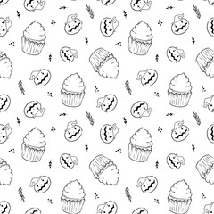 Halloween coloring book pattern with scary cupcakes, cream, pumpkin and bats. Antistress for adults and children