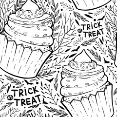 Halloween coloring page pattern. Background with halloween cupcakes with witch hat and lettering. Holiday antistress for adults and children. Pattern for Holiday party