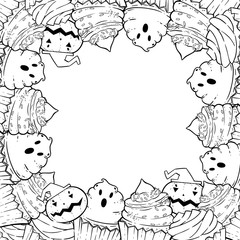 Coloring page: frame with halloween cupcakes, cream, bat, pumpkin, witch hat. Holiday antistress for adults and children. Frame for Holiday party, card, invite