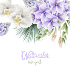 Watercolor Hyacinth and white orchid flowers bouquet vector. Wedding gretting card background