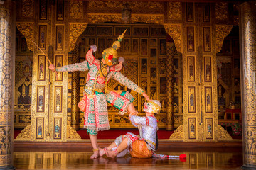 Khon is art culture Thailand Dancing in masked Tos-sa-kan and Hanuman are fighting in literature...