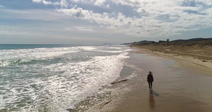 Mujer con pamela andando sobre una playa profunda junto a las olas