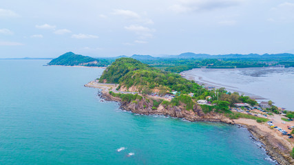 Aeril view of seascape of Chantaburi province, Thailand. Scenery consist of blue sea, blue sky with cloud, fisherman village along the bay.