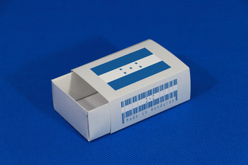 Honduras flag on white box with barcode and the color of nation flag on blue background, paper packaging for put match or products.