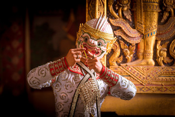 Khon is art culture Thailand Dancing in masked .This seance Hanuman is dancing in literature...