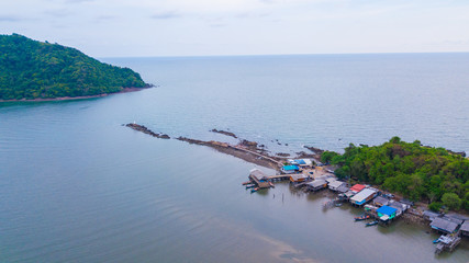 Aeril view of seascape of Chantaburi province, Thailand. Scenery consist of blue sea, blue sky with...