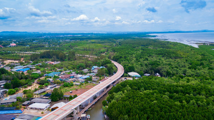 View of Pak Nam Prasae in Rayong province, Thailand. This area have many fisher village along the river.