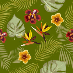 Fototapeta na wymiar Vector tropical jungle seamless pattern with flowers, palm trees