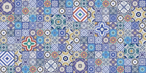Gorgeous seamless pattern white colorful Moroccan, Portuguese tiles, Azulejo, ornaments. Can be used for wallpaper, pattern fills, web page background, surface textures.