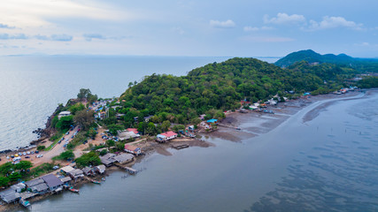 Aeril view of seascape of Chantaburi province, Thailand. Scenery consist of blue sea, blue sky with...