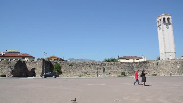 Fortress, Castle, old Ottoman walls and clock tower in centre of Elbasan, Albania. Panorama over the city. Elbasan is The third largest city in Albania and popular tourist destination.