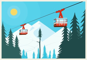 Vintage Winter background, poster. Red ski Lift Gondolas moving in Snow Mountains © pgmart