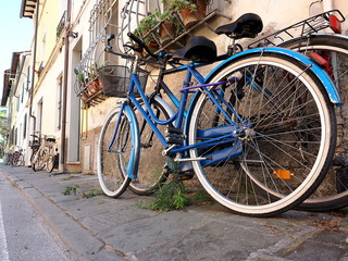 blue bicycle leaning against the wall of an Italian house