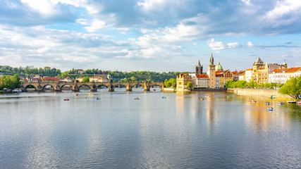 Prague cityscape and Charles bridge over Vltava river, Czech Republic