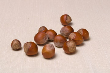Whole ripe hazelnuts sprinkled on a light cloth closeup with copy space
