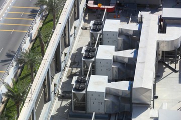 HVAC systems rooftop - industrial air conditioning in an large exhibition hall.