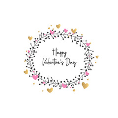 Hand Drawn Happy Valentine's Day Greeting Card with Floral Round Frame and Hearts. 