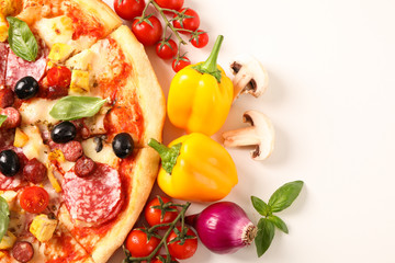 Tasty pizza and ingredients isolated on white background, close up