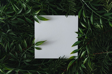 Creative winter layout made of branches and leaves with paper card note. Flat lay. Nature concept