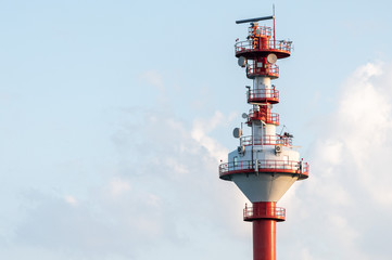 Ship traffic control tower, copy space. Weather and sea monitoring tower. Vessel coastal...