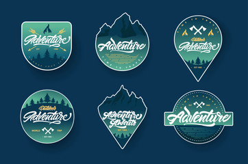  Adventure lettering set logos or emblems with gradient. Vintage logotype with mountains, bonfires and arrows. Vector signs for your design.