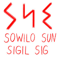 Set of ancient runes. Versions of Sowilo rune with German, English and Old Scandinavian titles. Rune Sowilo, Sun, Sigil, Sig is symbol of victory, provides power and integrity. Senior futark. Ancient 