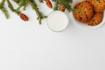 Obraz na płótnie Canvas Milk and cookies for Santa Claus under the christmas tree. Concept, copy Space.