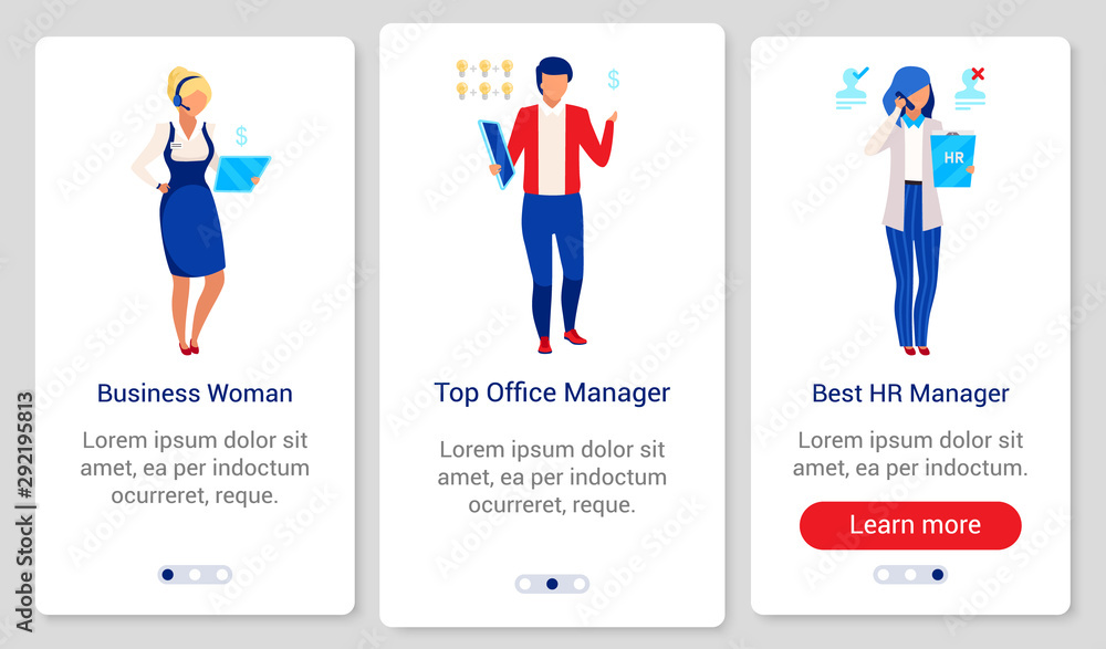 Poster company staff onboarding mobile app screen vector template. walkthrough website steps with flat char