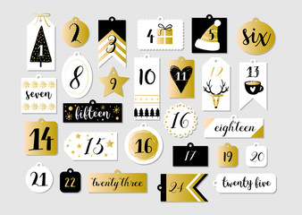 Abstract printable tags collection for Christmas, New Year. Advent calendar. Vector illustration. Merry Holidays