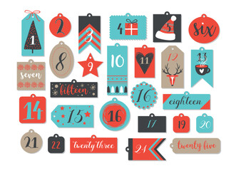 Abstract printable tags collection for Christmas, New Year. Advent calendar. Vector illustration. Merry Holidays
