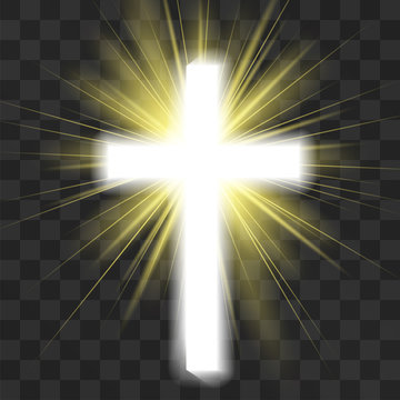 Glowing christian cross isolated on transparent background. Saint warm halo, god's light  scintillation. Spiritual awakening, revelation. Purifying rays of sun, faith energy that nourishes souls.