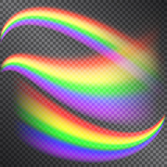 Rainbow waves on transparent background. Fairy tale illumination decoration. Light effect curves for posters, banners, cards. Joyful, positive mood design. Magical, hypnotic, holographic arches.
