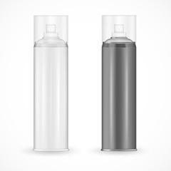 Spray product in metallic bottles set for perfumes, deodorant, aerosol for body, hair. Shiny surface material with copy space for beauty product branding. Design templates for merchandises ads poster.