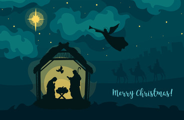 Greeting card of Traditional Christian Christmas Nativity Scene of baby Jesus in the manger with Mary and Joseph in silhouette. Holy Night