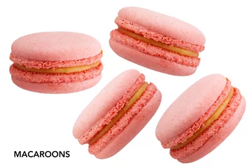 Fotobehang Macarons Roze bitterkoekjes zonder schaduw geïsoleerd op een witte achtergrond