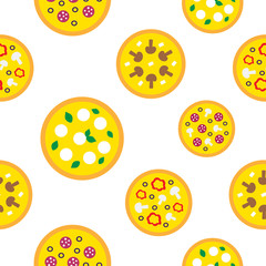 Seamless repeat pattern with tasty bright pizzas on the white background. Vector decoration ornament for products, cafe, pizzeria, bakery branding: flyers, posters, banners, packaging, wrapping paper
