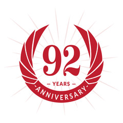 92nd years anniversary celebration design. Ninety-two years logotype. Red vector and illustration.