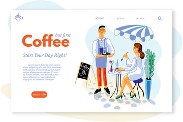 Coffee drinks web page template. Woman in cafe terrace flat vector illustration